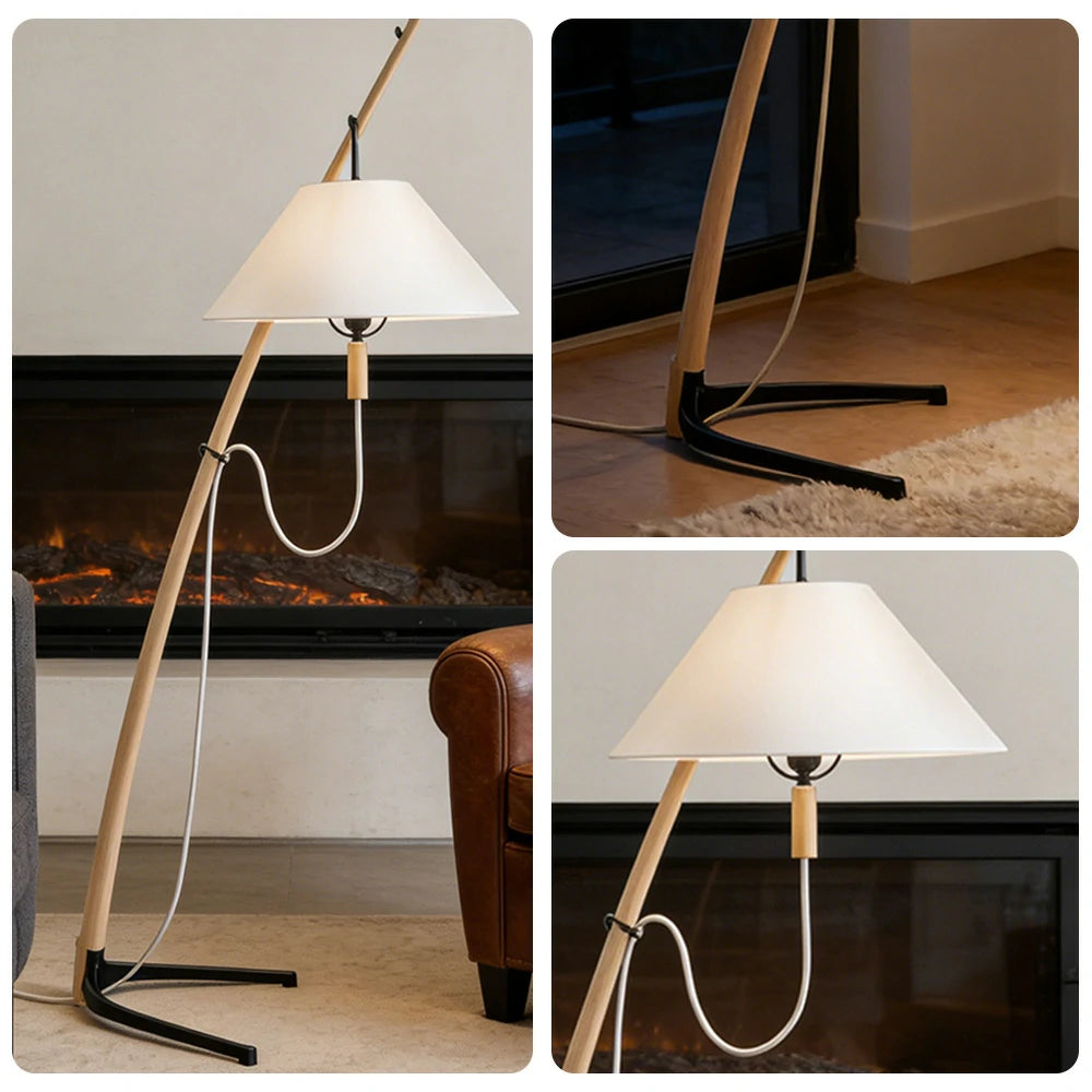 LIVARA Floor Lamp Soft Ambient Lighting Linen Shade Metal & Ash Wood Base Sculptural Tree-Inspired Design - Wood