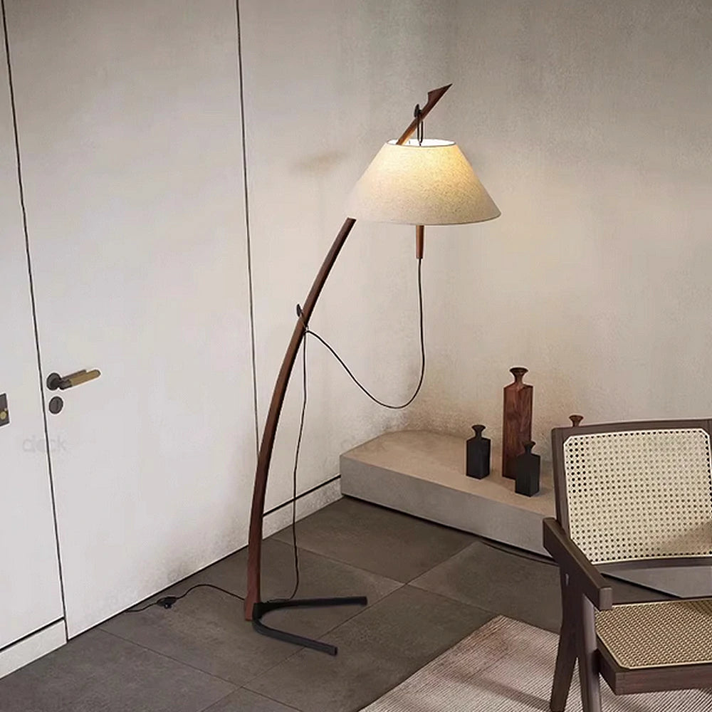 LIVARA Floor Lamp Soft Ambient Lighting Linen Shade Metal & Ash Wood Base Sculptural Tree-Inspired Design - Walnut