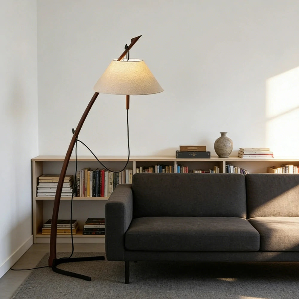 LIVARA Floor Lamp Soft Ambient Lighting Linen Shade Metal & Ash Wood Base Sculptural Tree-Inspired Design - Walnut