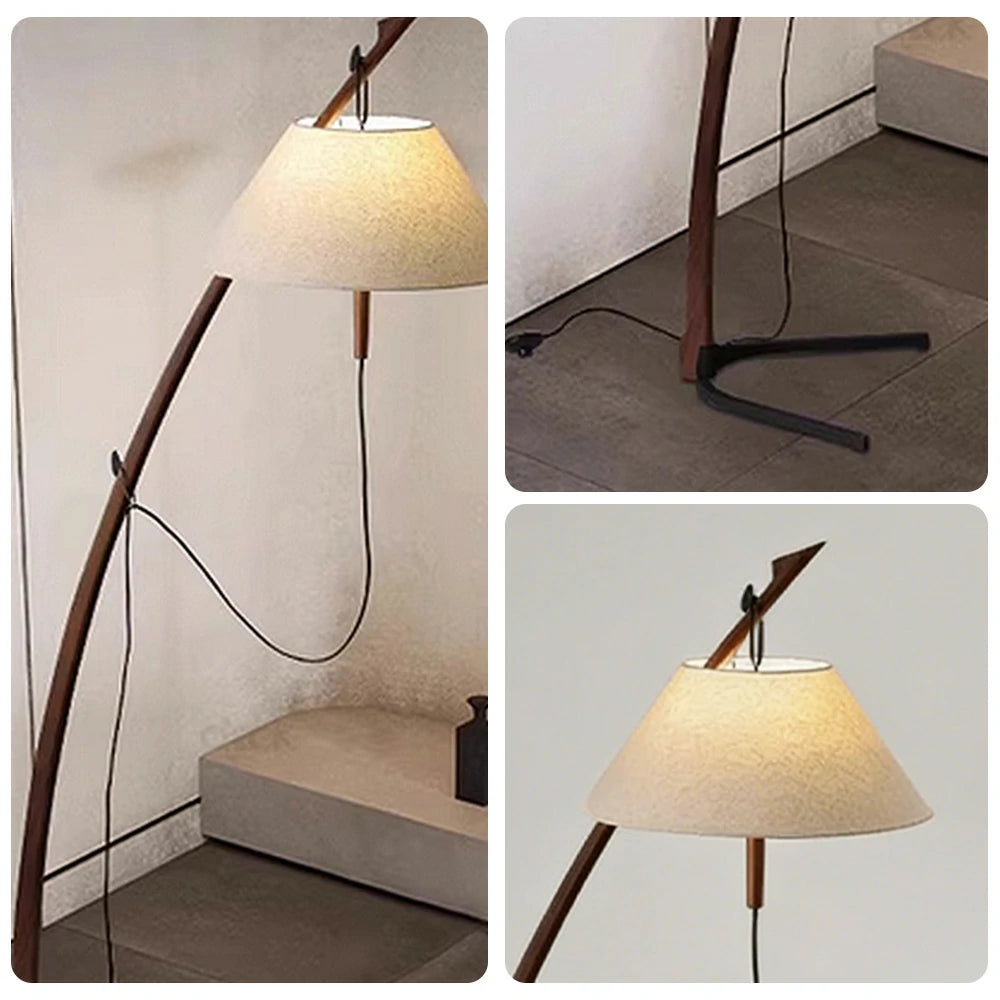 LIVARA Floor Lamp Soft Ambient Lighting Linen Shade Metal & Ash Wood Base Sculptural Tree-Inspired Design - Walnut