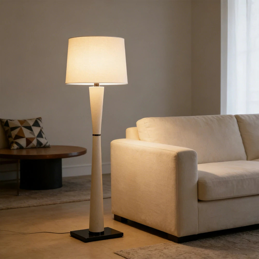 LIVARA Floor Lamp Soft Ambient Lighting Fabric Shade Iron & Leather Body Brushed Electroplated Finish