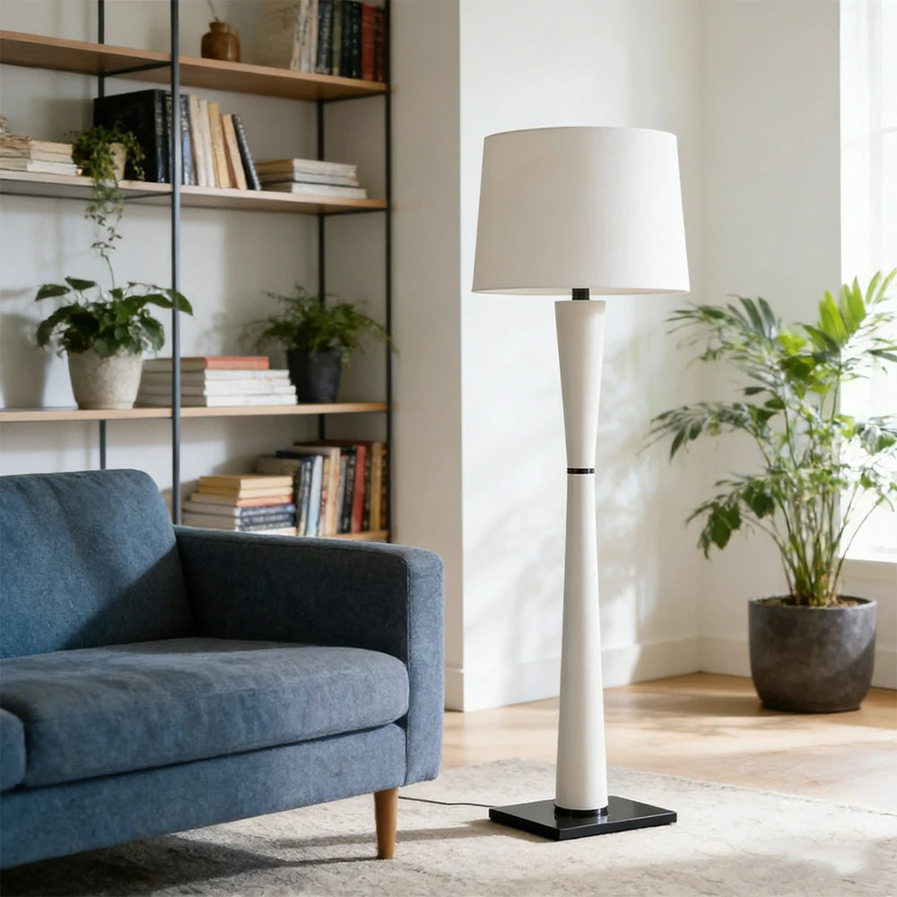 LIVARA Floor Lamp Soft Ambient Lighting Fabric Shade Iron & Leather Body Brushed Electroplated Finish