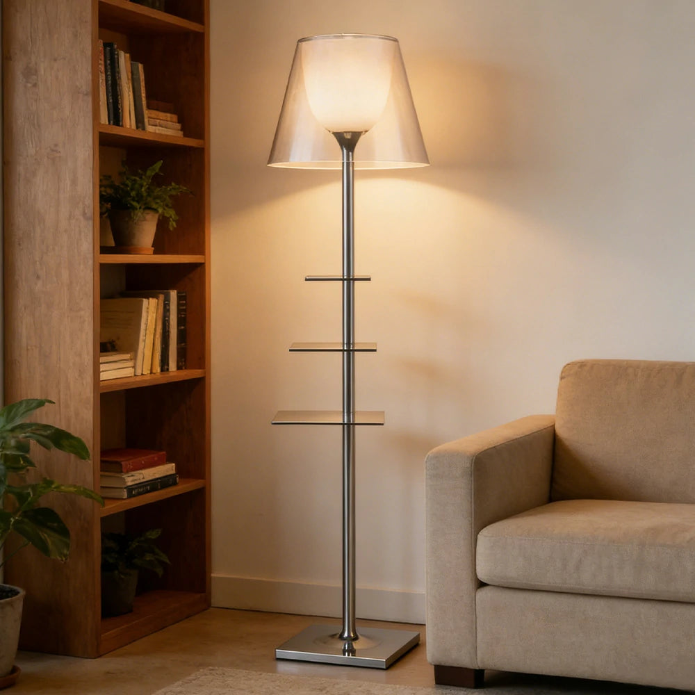 LIVARA Floor Lamp 2-in-1 Lighting & Storage Acrylic Shade Iron Frame Rotatable Multi-Tier Trays - White