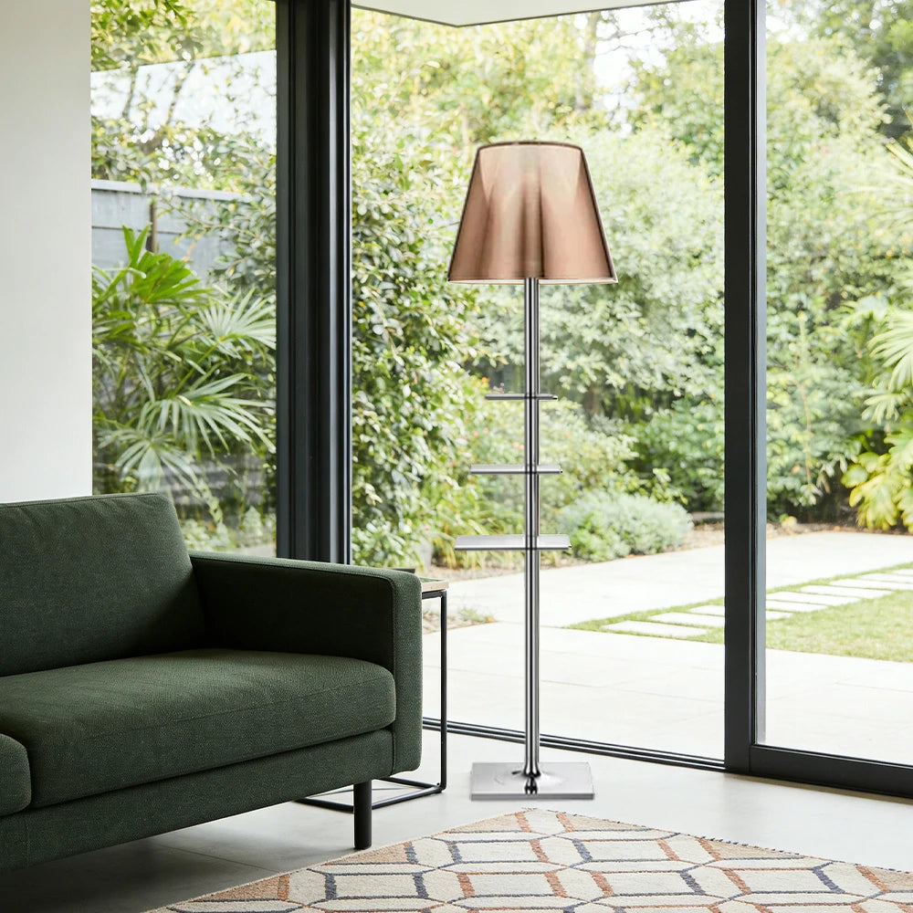 LIVARA Floor Lamp 2-in-1 Lighting & Storage Acrylic Shade Iron Frame Rotatable Multi-Tier Trays - Brown