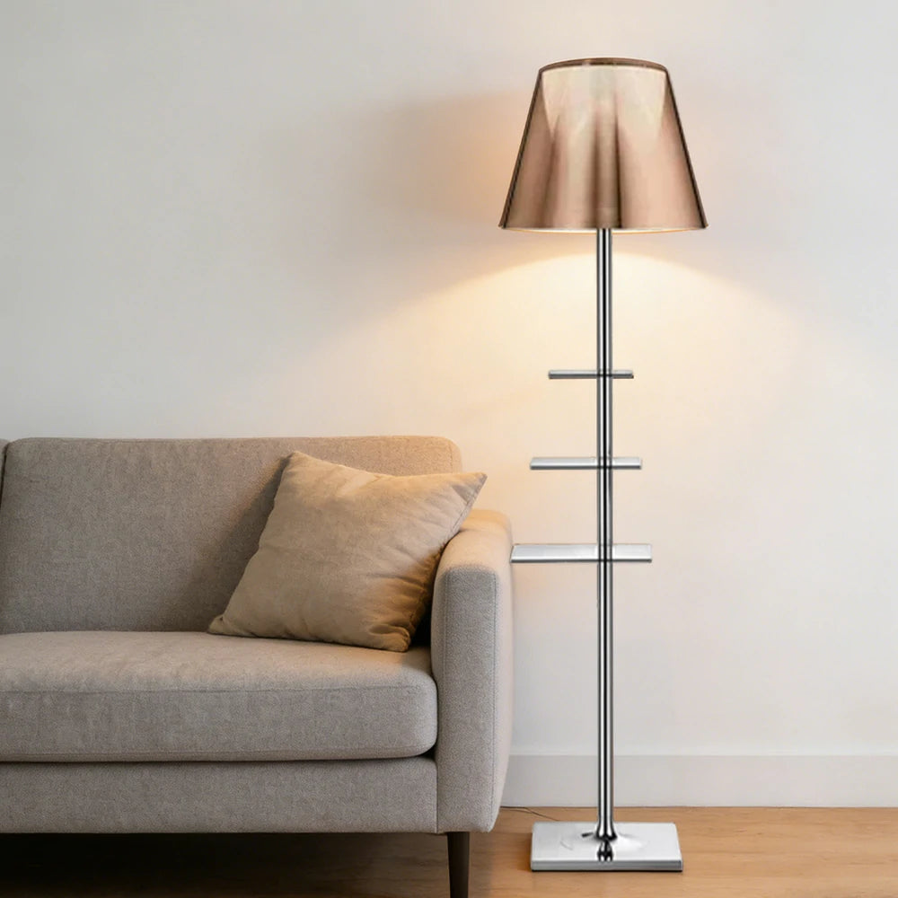 LIVARA Floor Lamp 2-in-1 Lighting & Storage Acrylic Shade Iron Frame Rotatable Multi-Tier Trays - Brown