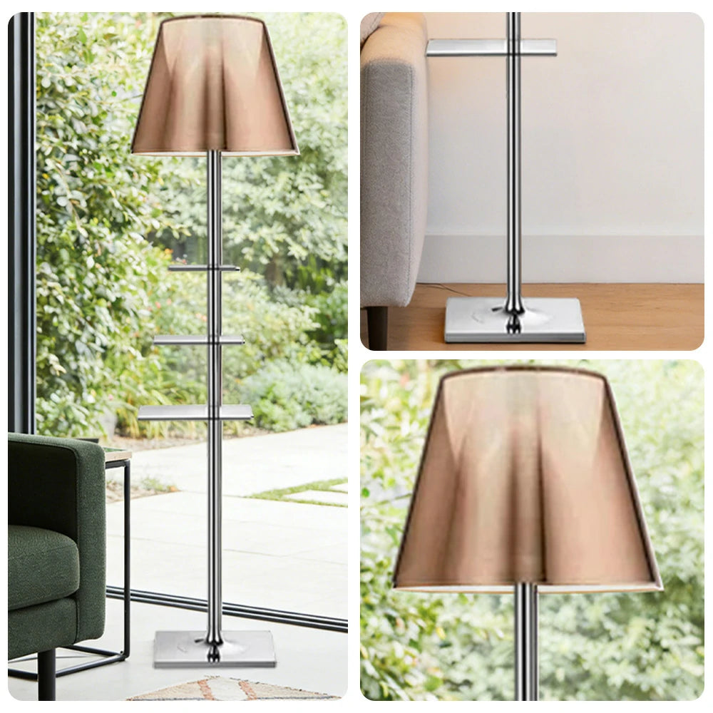 LIVARA Floor Lamp 2-in-1 Lighting & Storage Acrylic Shade Iron Frame Rotatable Multi-Tier Trays - Brown
