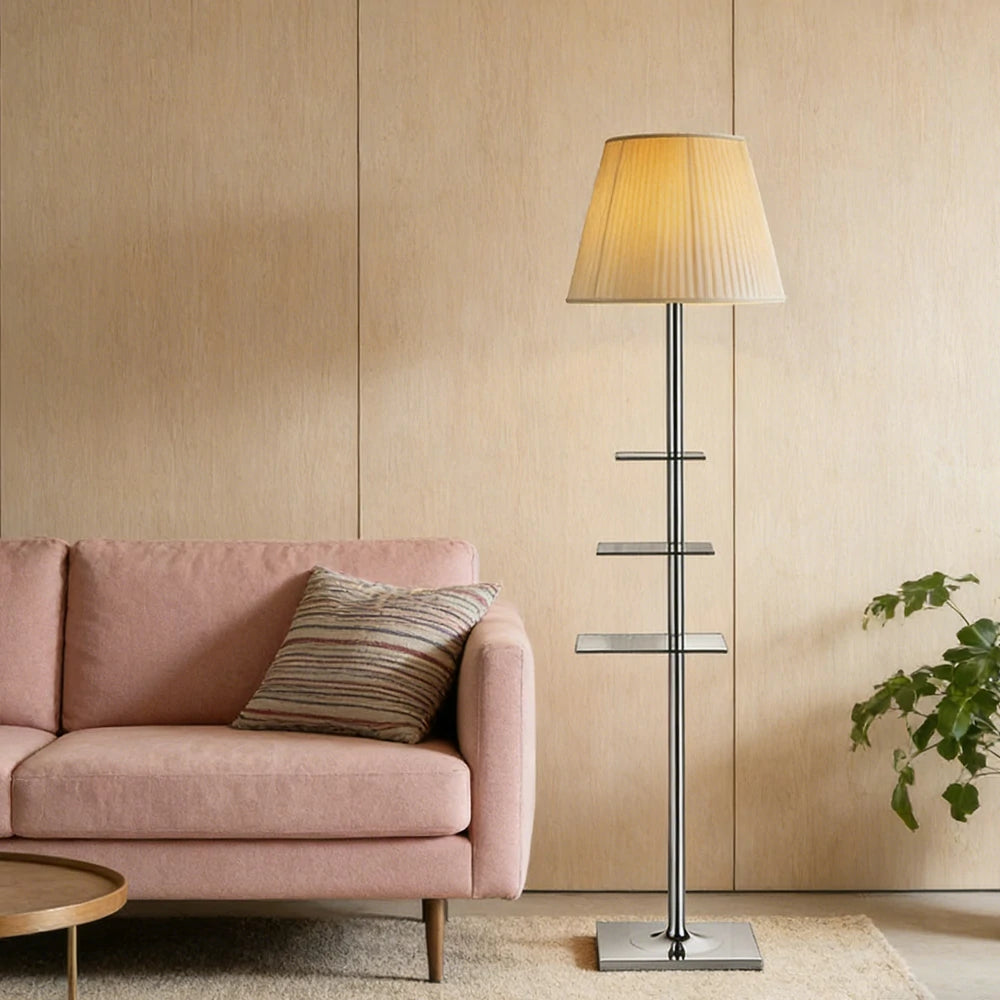 LIVARA Floor Lamp 2-in-1 Lighting & Storage Acrylic Shade Iron Frame Rotatable Multi-Tier Trays - Beige
