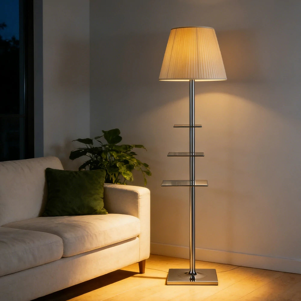 LIVARA Floor Lamp 2-in-1 Lighting & Storage Acrylic Shade Iron Frame Rotatable Multi-Tier Trays - Beige