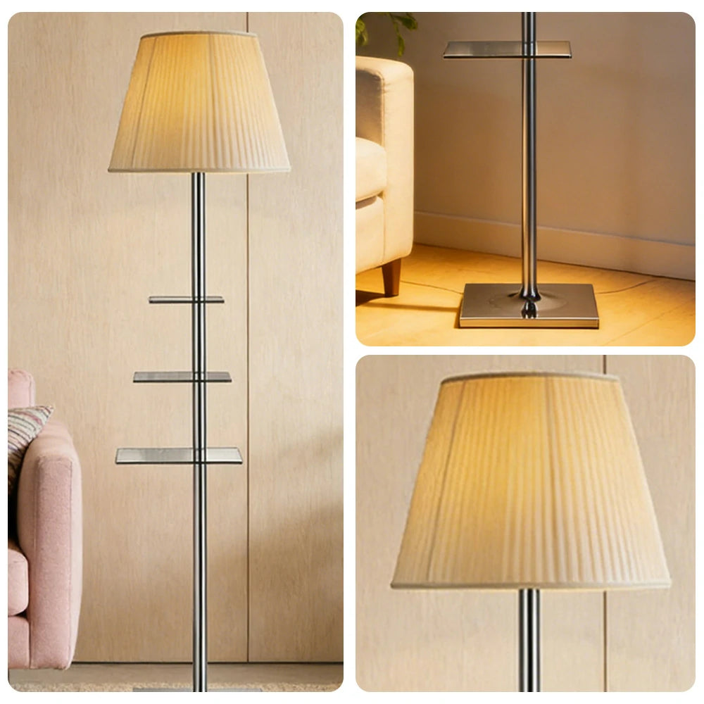 LIVARA Floor Lamp 2-in-1 Lighting & Storage Acrylic Shade Iron Frame Rotatable Multi-Tier Trays - Beige