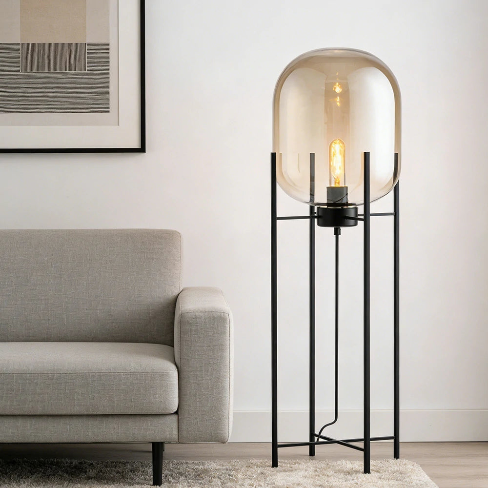 LIVARA Floor Lamp Warm Ambient Lighting Semi-Transparent Glass Shade Metal Frame Four-Post Design - Brown