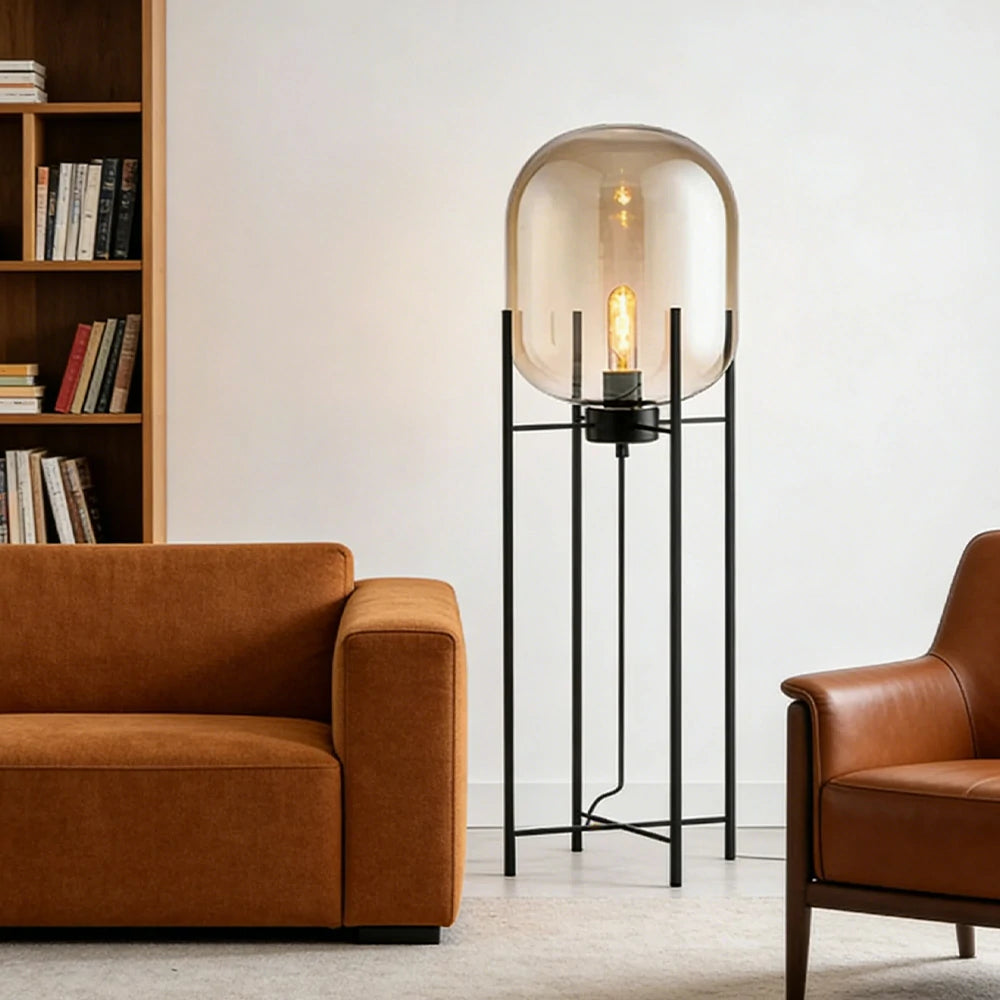 LIVARA Floor Lamp Warm Ambient Lighting Semi-Transparent Glass Shade Metal Frame Four-Post Design - Brown