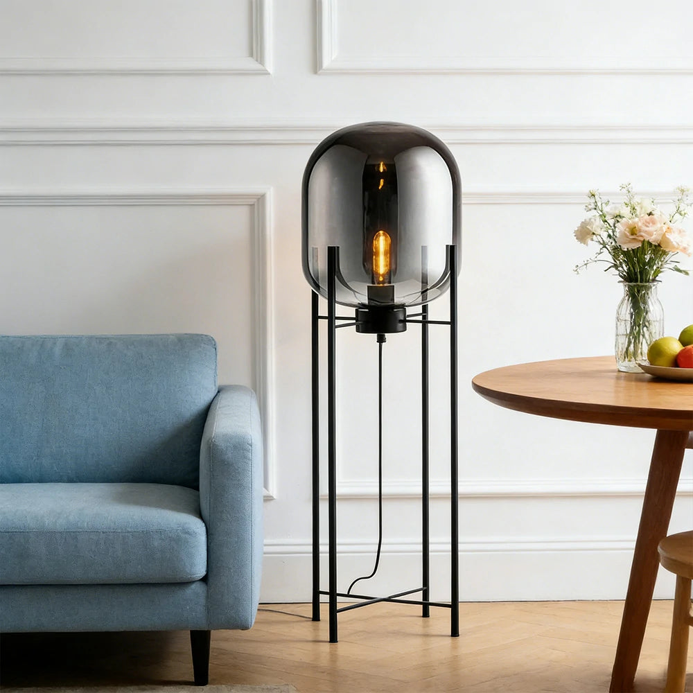 LIVARA Floor Lamp Warm Ambient Lighting Semi-Transparent Glass Shade Metal Frame Four-Post Design - Grey