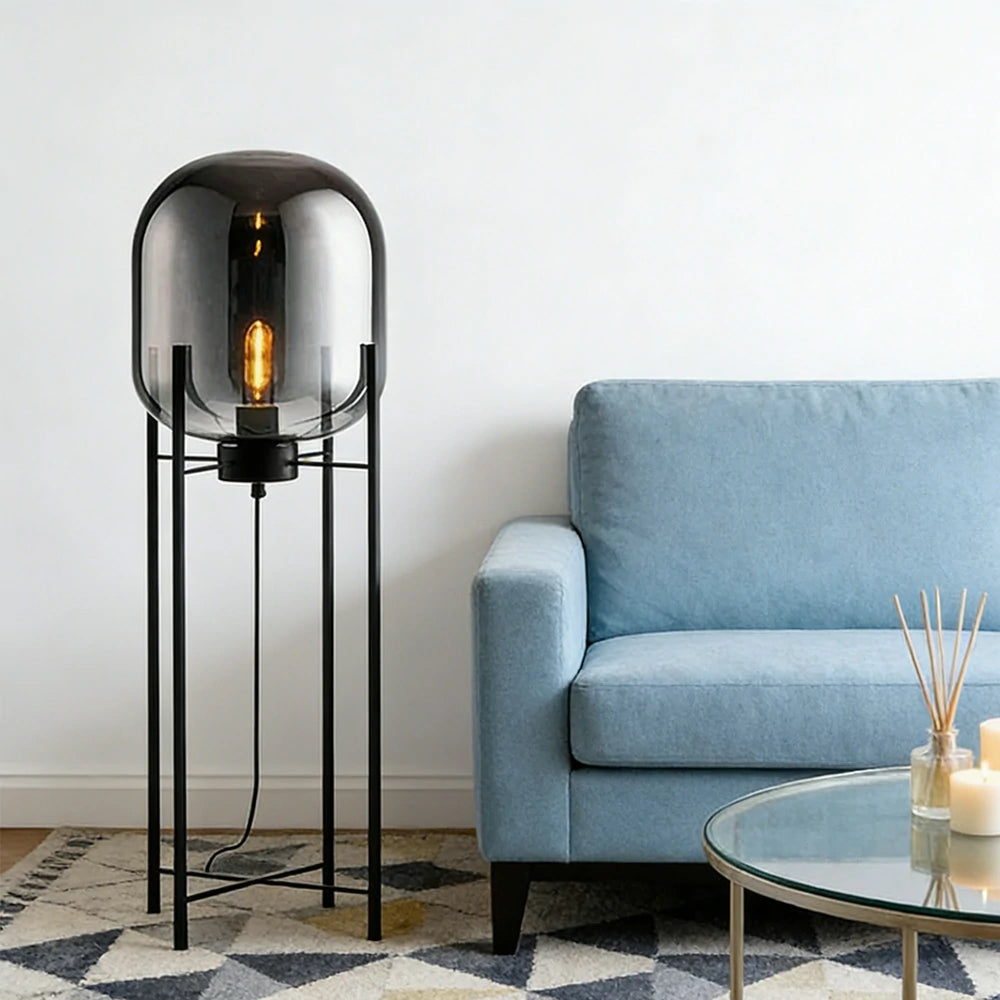 LIVARA Floor Lamp Warm Ambient Lighting Semi-Transparent Glass Shade Metal Frame Four-Post Design - Grey