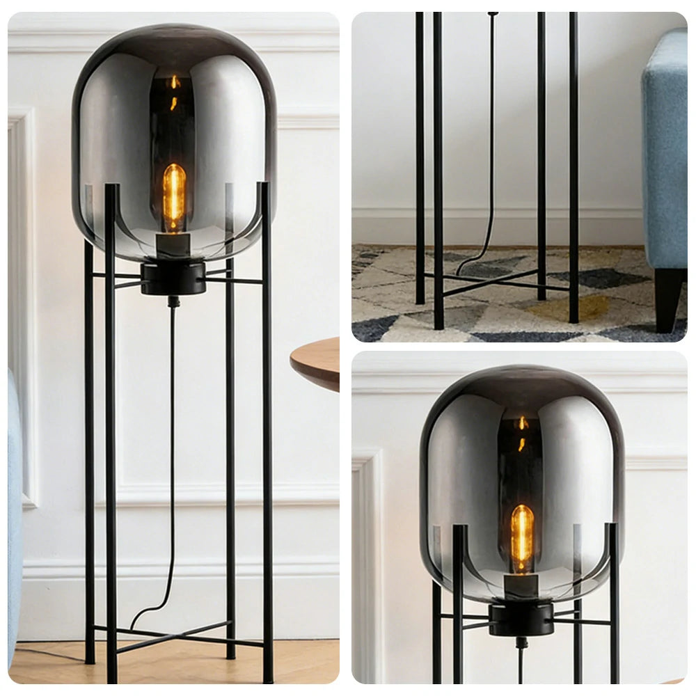 LIVARA Floor Lamp Warm Ambient Lighting Semi-Transparent Glass Shade Metal Frame Four-Post Design - Grey