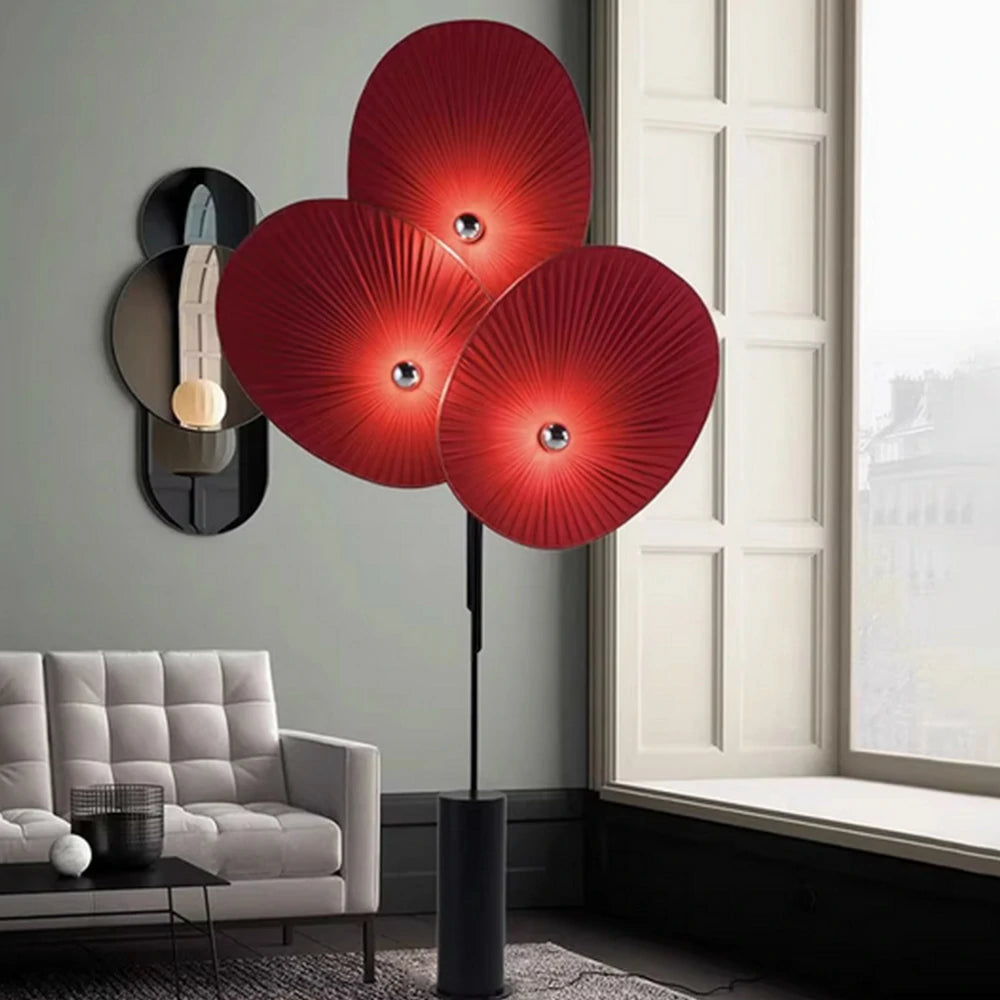 LIVARA Floor Lamp Soft Ambient Lighting Marble Base Fabric & Metal Shade Handcrafted Floral Design - Red
