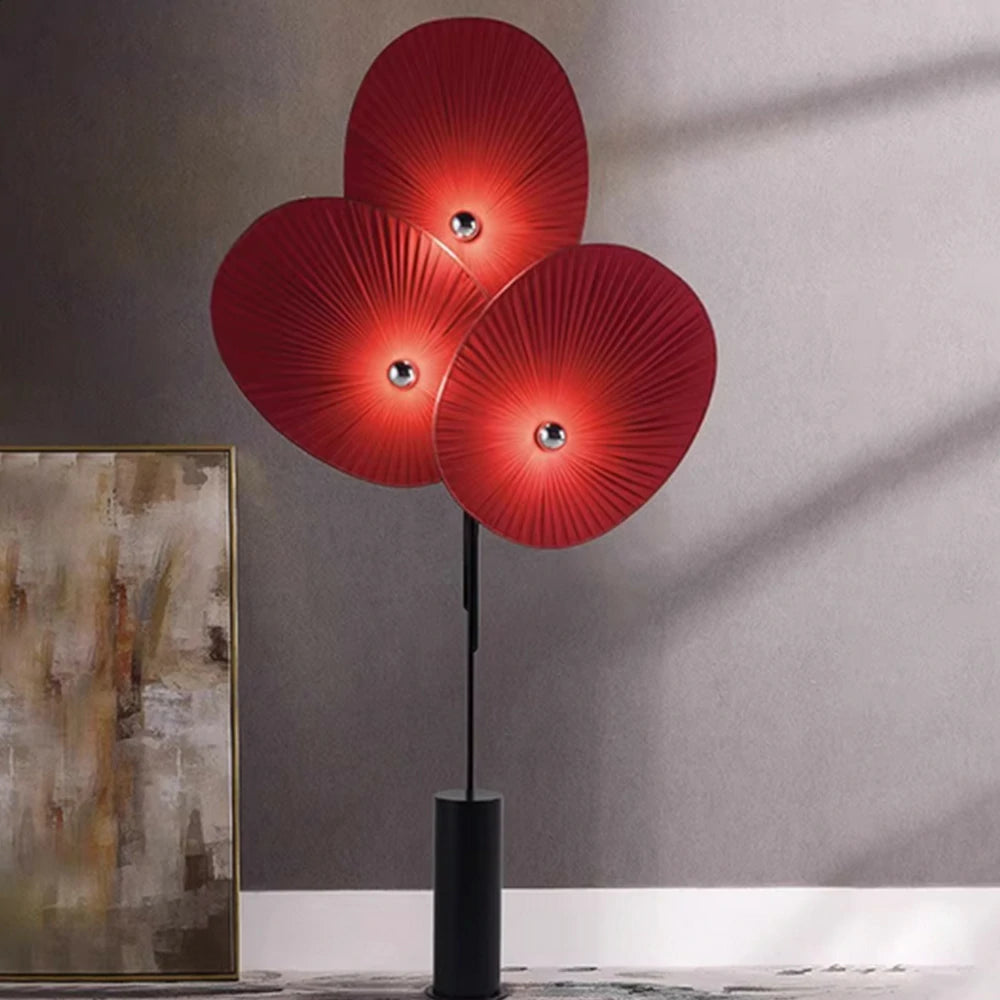 LIVARA Floor Lamp Soft Ambient Lighting Marble Base Fabric & Metal Shade Handcrafted Floral Design - Red