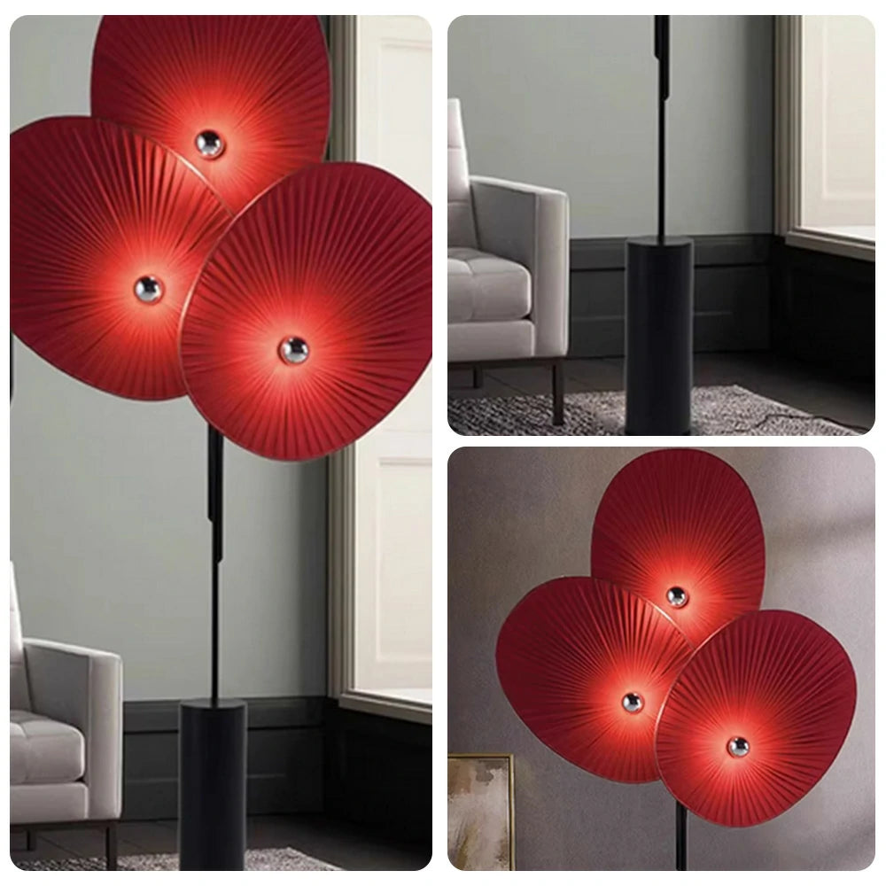 LIVARA Floor Lamp Soft Ambient Lighting Marble Base Fabric & Metal Shade Handcrafted Floral Design - Red