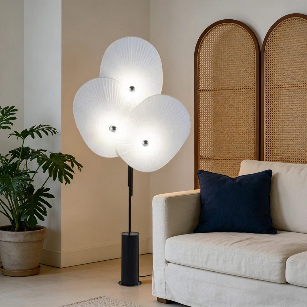 LIVARA Floor Lamp Soft Ambient Lighting Marble Base Fabric & Metal Shade Handcrafted Floral Design - White