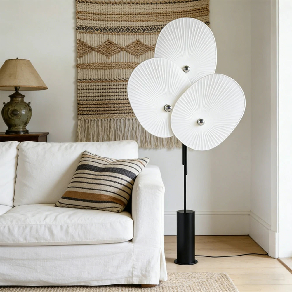 LIVARA Floor Lamp Soft Ambient Lighting Marble Base Fabric & Metal Shade Handcrafted Floral Design - White