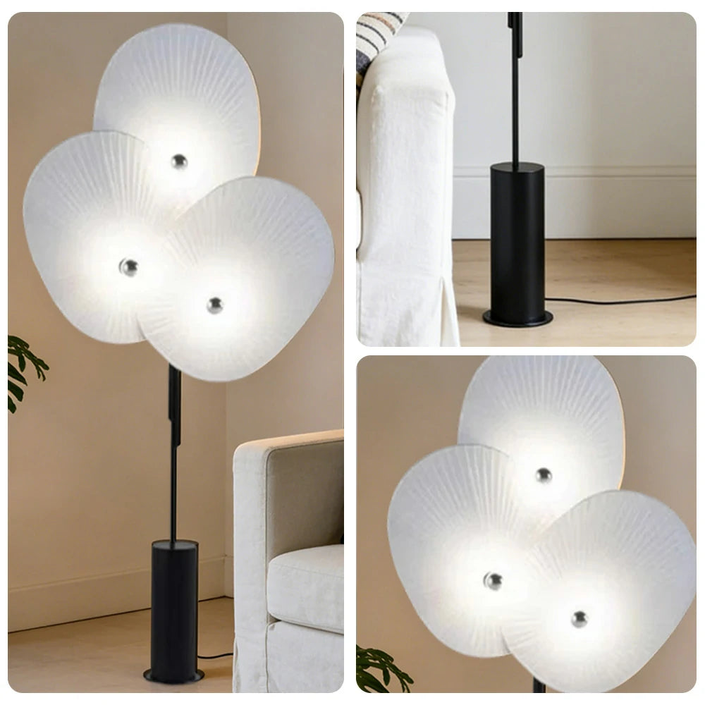 LIVARA Floor Lamp Soft Ambient Lighting Marble Base Fabric & Metal Shade Handcrafted Floral Design - White