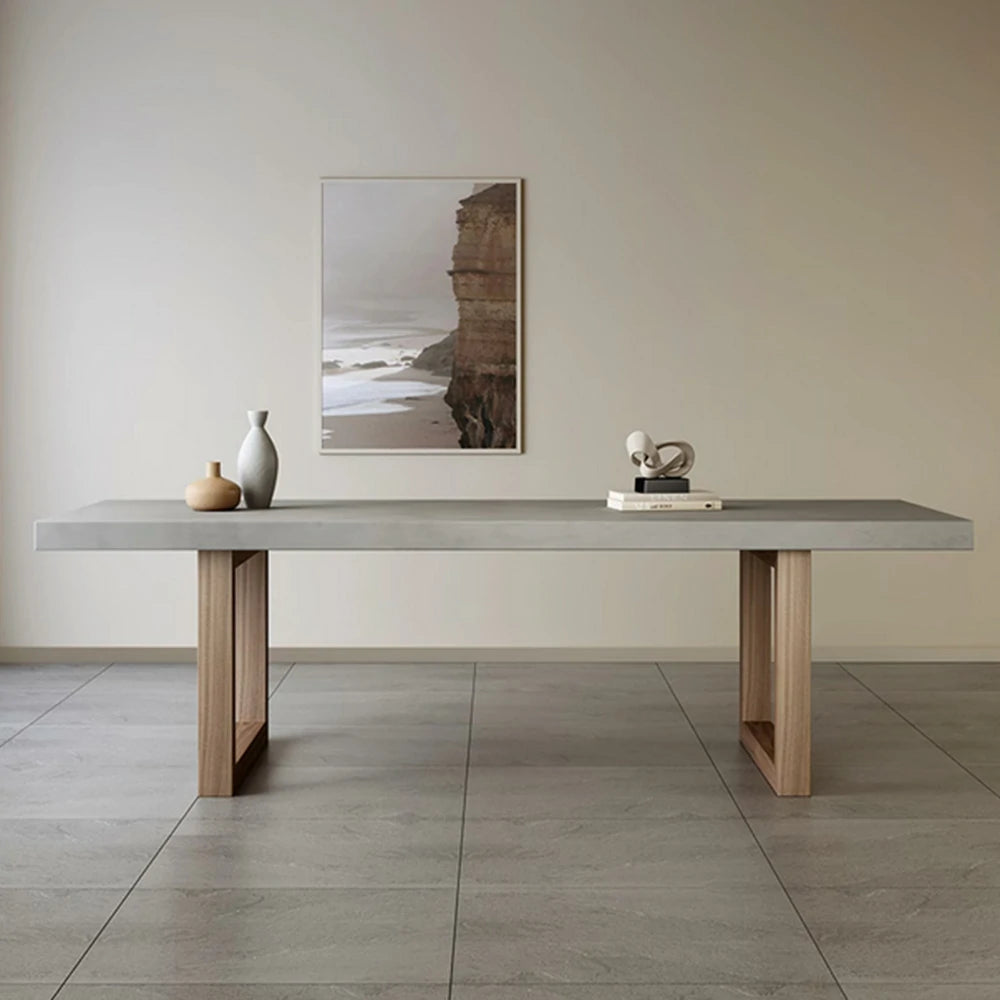 LIVARA Dining Table Concrete-Style Top Wooden Legs Easy-Clean Spill-Resistant Surface - Grey