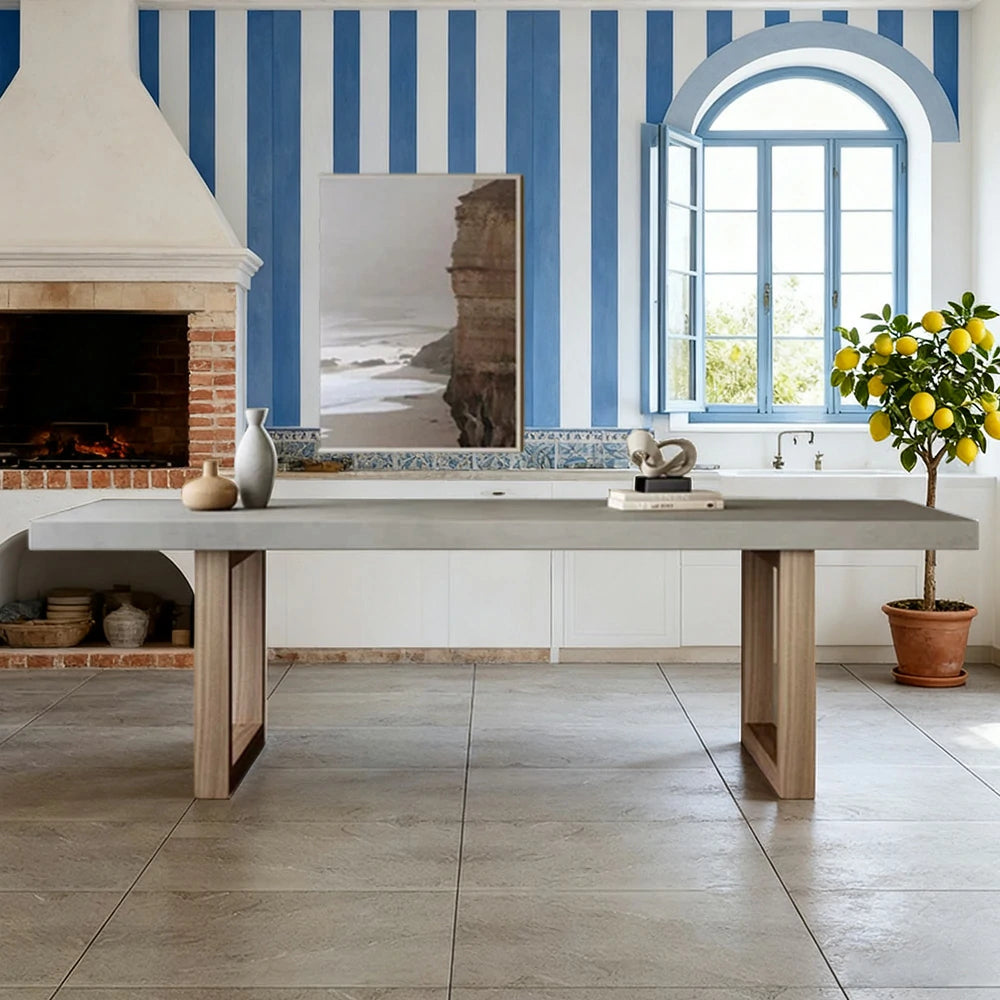 LIVARA Dining Table Concrete-Style Top Wooden Legs Easy-Clean Spill-Resistant Surface - Grey