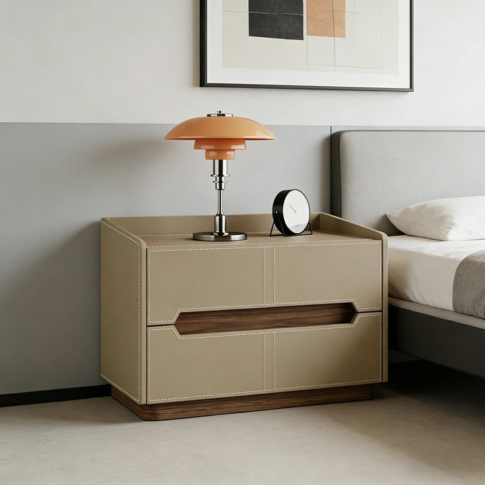LIVARA Bedside Table - Drawer Storage, Saddle Leather Upholstery, Multi-Layer Pine Wood Structure, Modern Minimalist Nightstand - Khaki