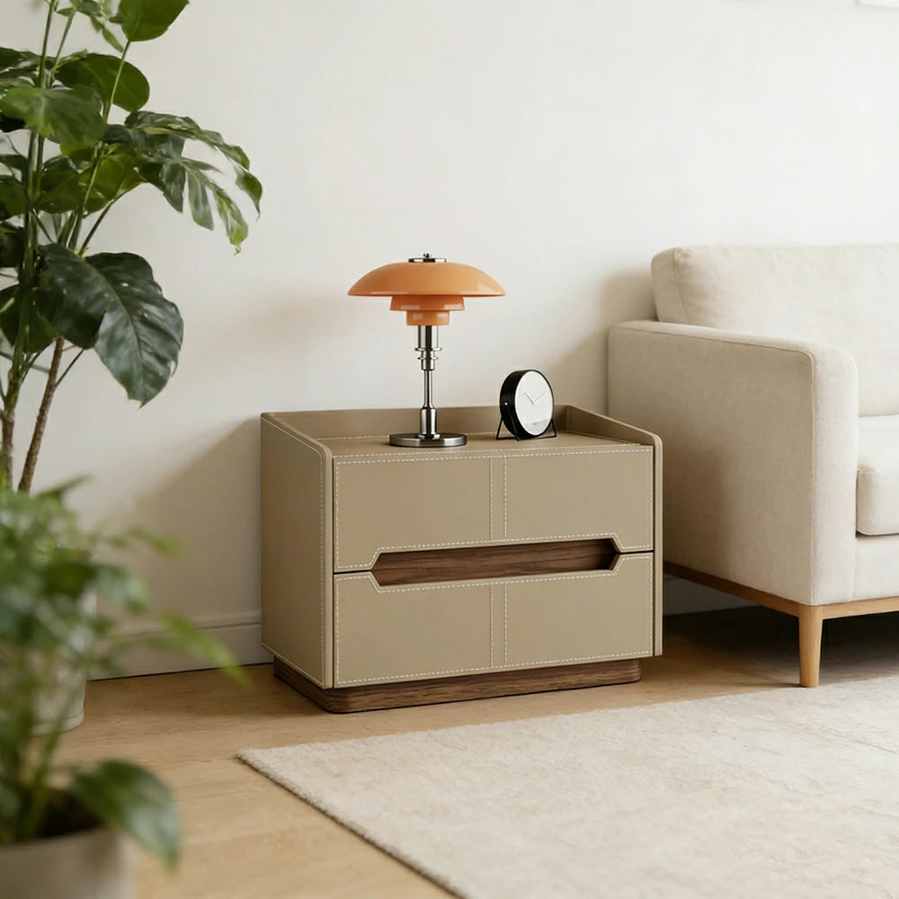 LIVARA Bedside Table - Drawer Storage, Saddle Leather Upholstery, Multi-Layer Pine Wood Structure, Modern Minimalist Nightstand - Khaki