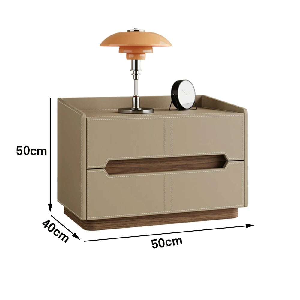 LIVARA Bedside Table - Drawer Storage, Saddle Leather Upholstery, Multi-Layer Pine Wood Structure, Modern Minimalist Nightstand - Khaki