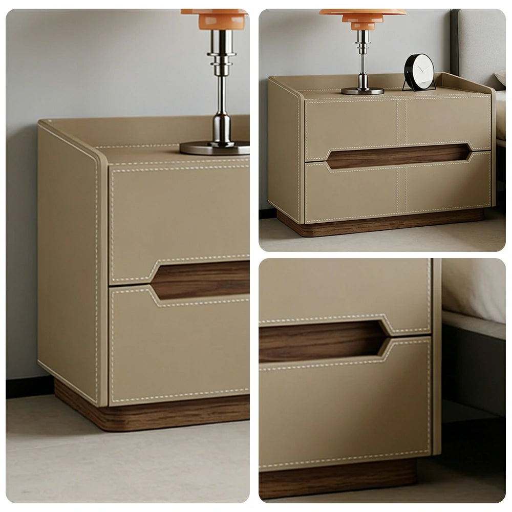 LIVARA Bedside Table - Drawer Storage, Saddle Leather Upholstery, Multi-Layer Pine Wood Structure, Modern Minimalist Nightstand - Khaki