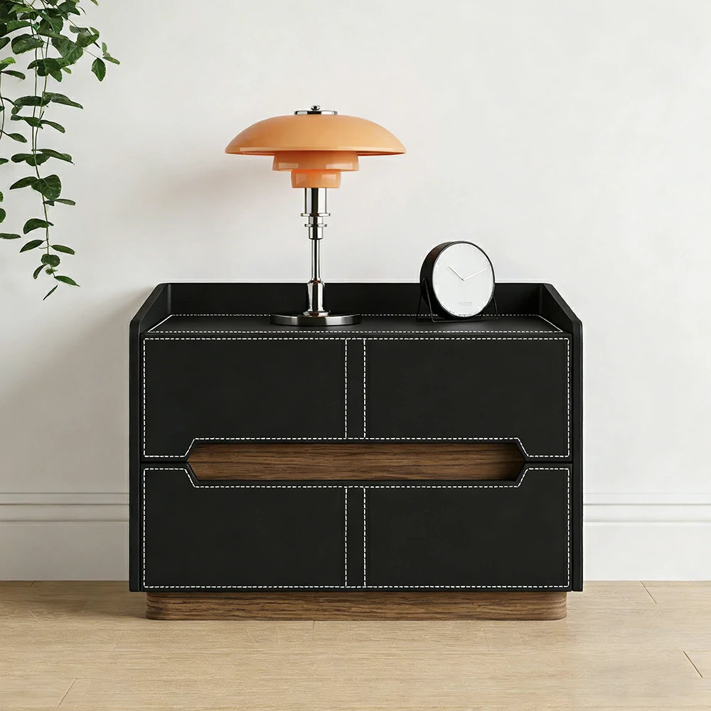 LIVARA Bedside Table - Drawer Storage, Saddle Leather Upholstery, Multi-Layer Pine Wood Structure, Modern Minimalist Nightstand - Black
