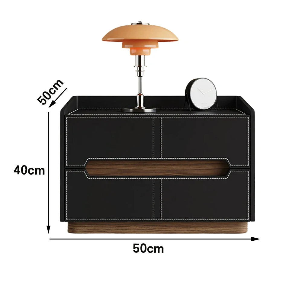 LIVARA Bedside Table - Drawer Storage, Saddle Leather Upholstery, Multi-Layer Pine Wood Structure, Modern Minimalist Nightstand - Black