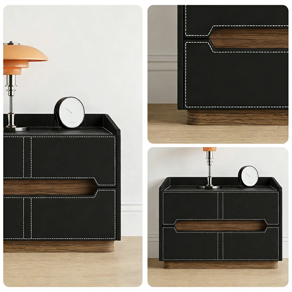 LIVARA Bedside Table - Drawer Storage, Saddle Leather Upholstery, Multi-Layer Pine Wood Structure, Modern Minimalist Nightstand - Black