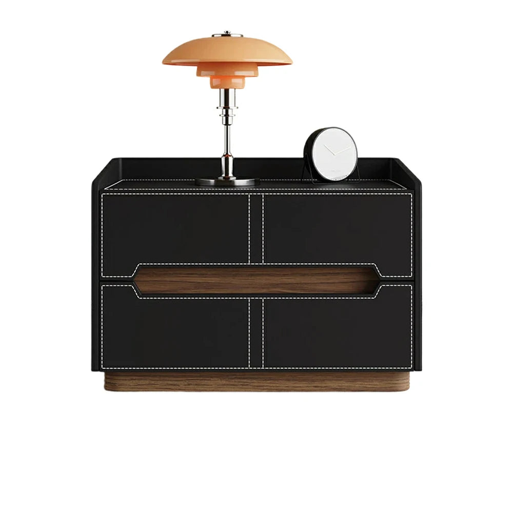 LIVARA Bedside Table - Drawer Storage, Saddle Leather Upholstery, Multi-Layer Pine Wood Structure, Modern Minimalist Nightstand - Black