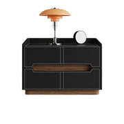 LIVARA Bedside Table - Drawer Storage, Saddle Leather Upholstery, Multi-Layer Pine Wood Structure, Modern Minimalist Nightstand - Black