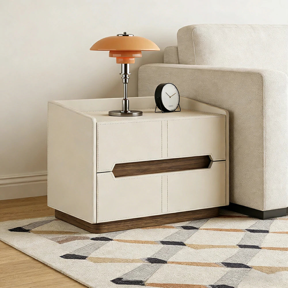 LIVARA Bedside Table - Drawer Storage, Saddle Leather Upholstery, Multi-Layer Pine Wood Structure, Modern Minimalist Nightstand - Beige