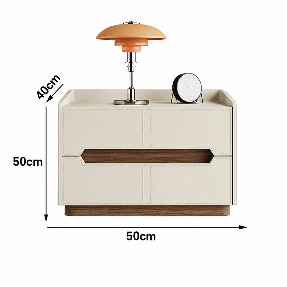 LIVARA Bedside Table - Drawer Storage, Saddle Leather Upholstery, Multi-Layer Pine Wood Structure, Modern Minimalist Nightstand - Beige
