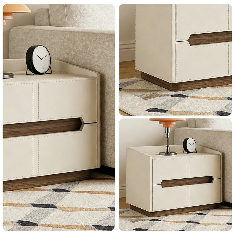 LIVARA Bedside Table - Drawer Storage, Saddle Leather Upholstery, Multi-Layer Pine Wood Structure, Modern Minimalist Nightstand - Beige