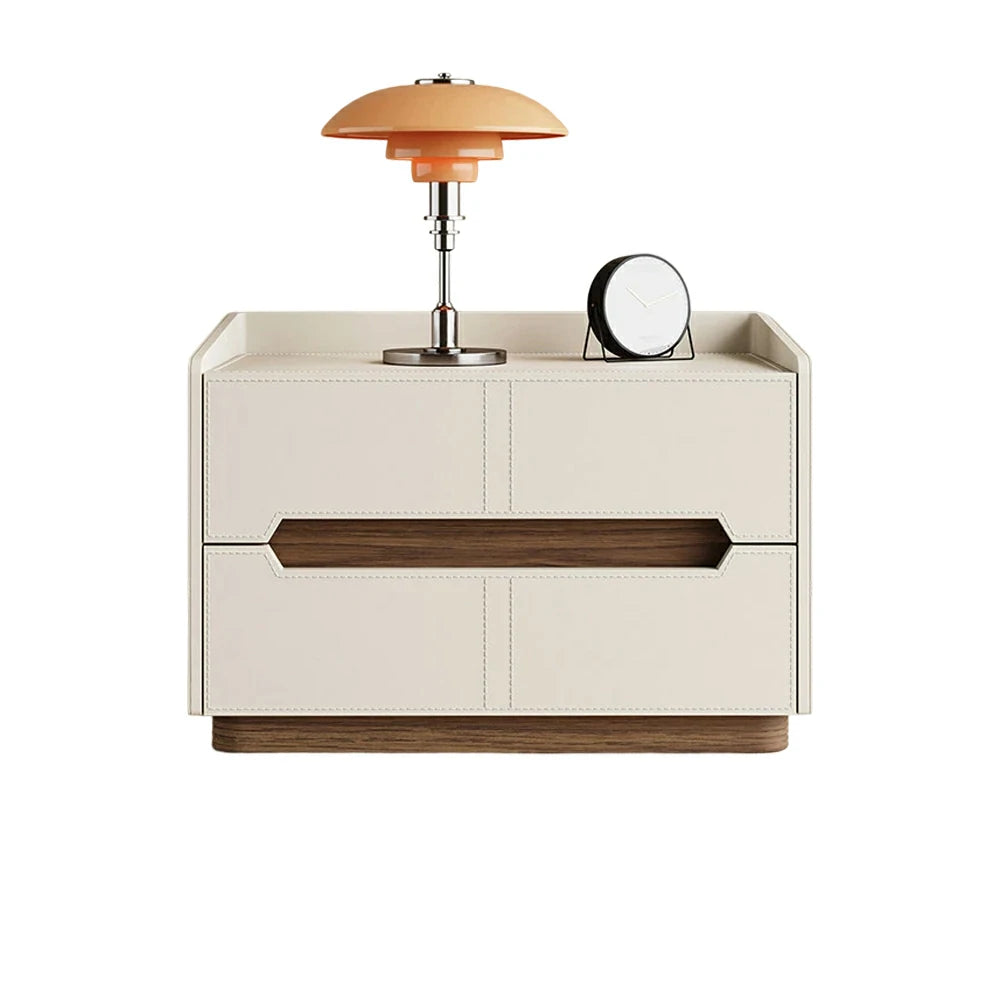 LIVARA Bedside Table - Drawer Storage, Saddle Leather Upholstery, Multi-Layer Pine Wood Structure, Modern Minimalist Nightstand - Beige