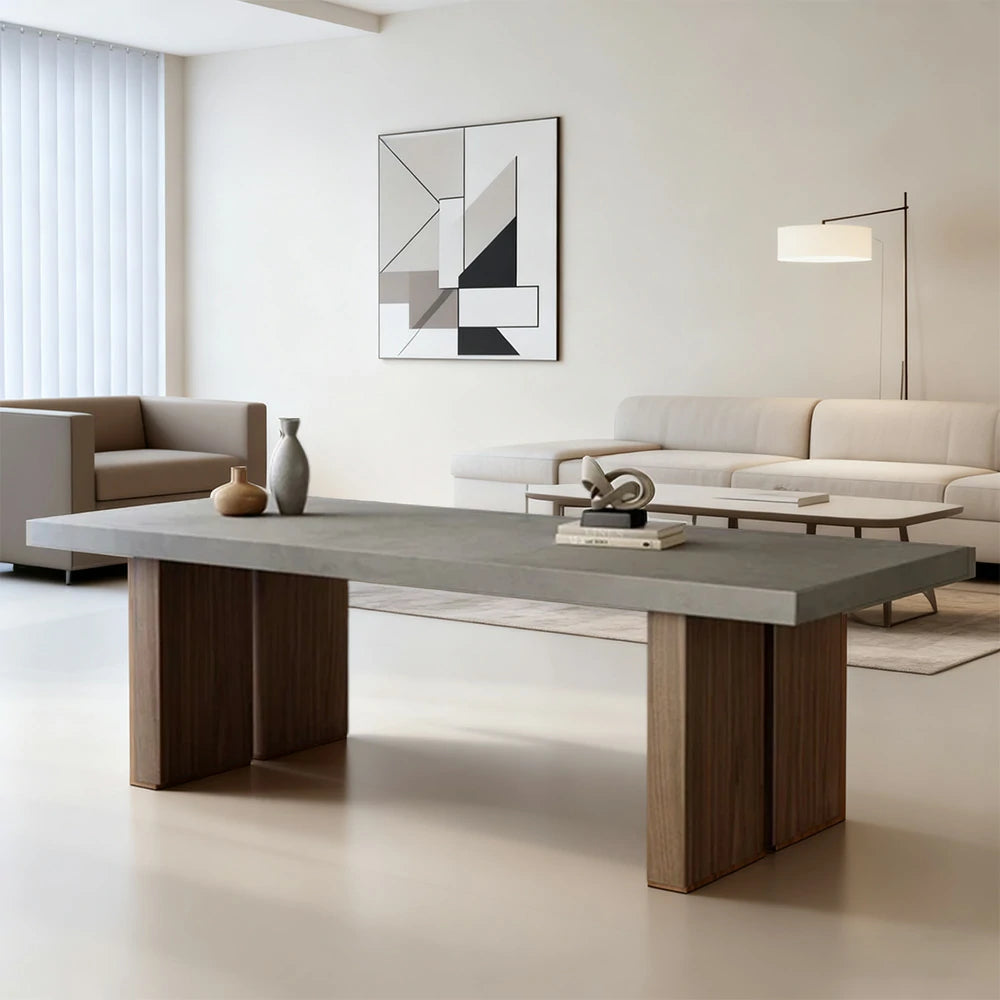 LIVARA 140/160cm Dining Table Minimalist Concrete Top with Durable Wooden Legs Easy-Clean Surface - Grey