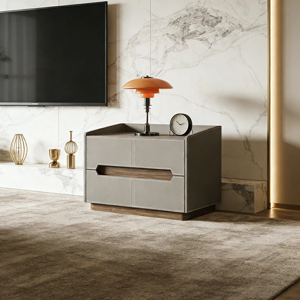 LIVARA Bedside Table - Drawer Storage, Saddle Leather Upholstery, Multi-Layer Pine Wood Structure, Modern Minimalist Nightstand - Grey