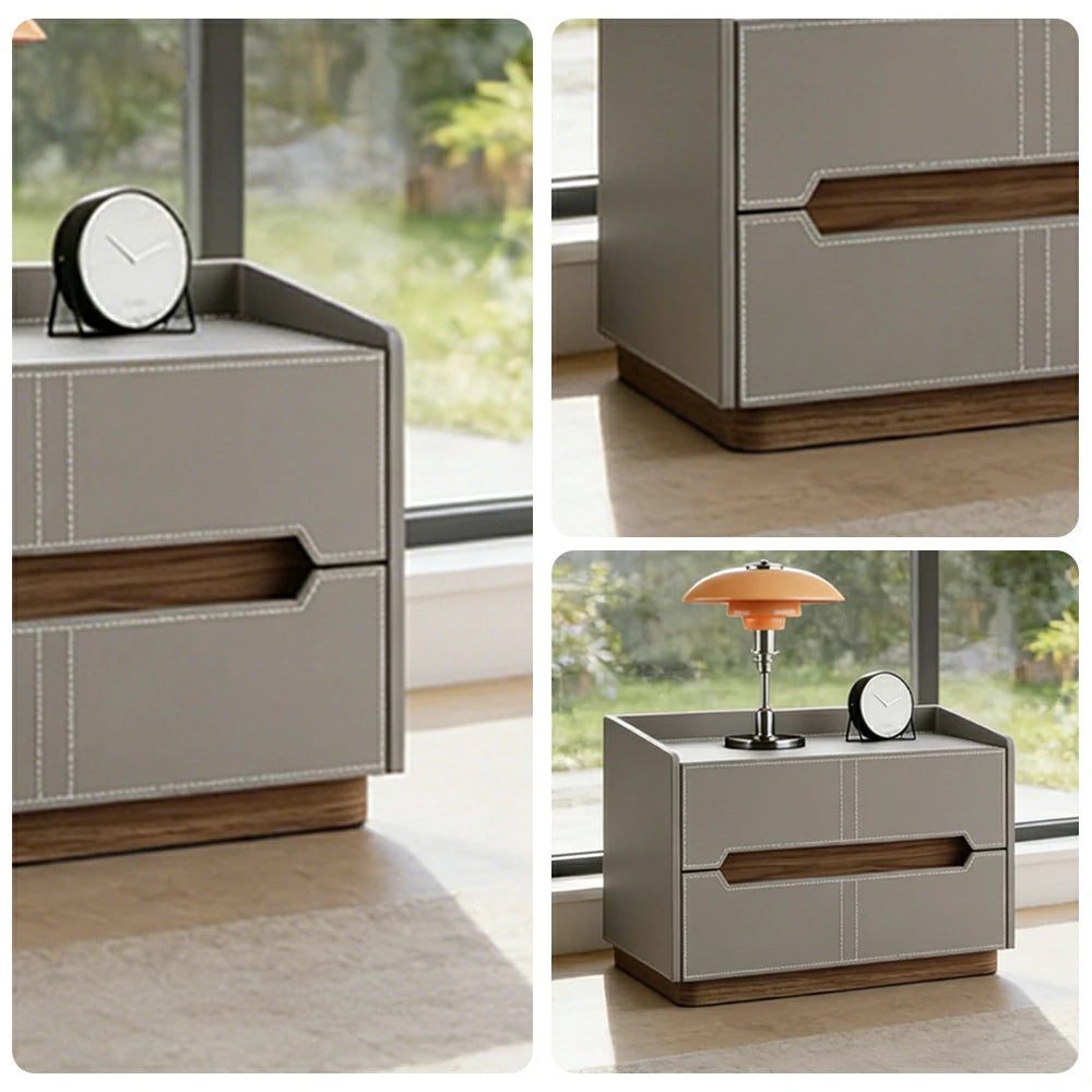 LIVARA Bedside Table - Drawer Storage, Saddle Leather Upholstery, Multi-Layer Pine Wood Structure, Modern Minimalist Nightstand - Grey