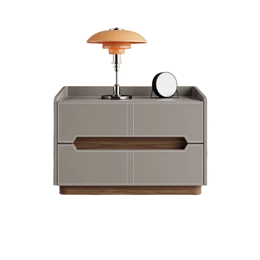 LIVARA Bedside Table - Drawer Storage, Saddle Leather Upholstery, Multi-Layer Pine Wood Structure, Modern Minimalist Nightstand - Grey