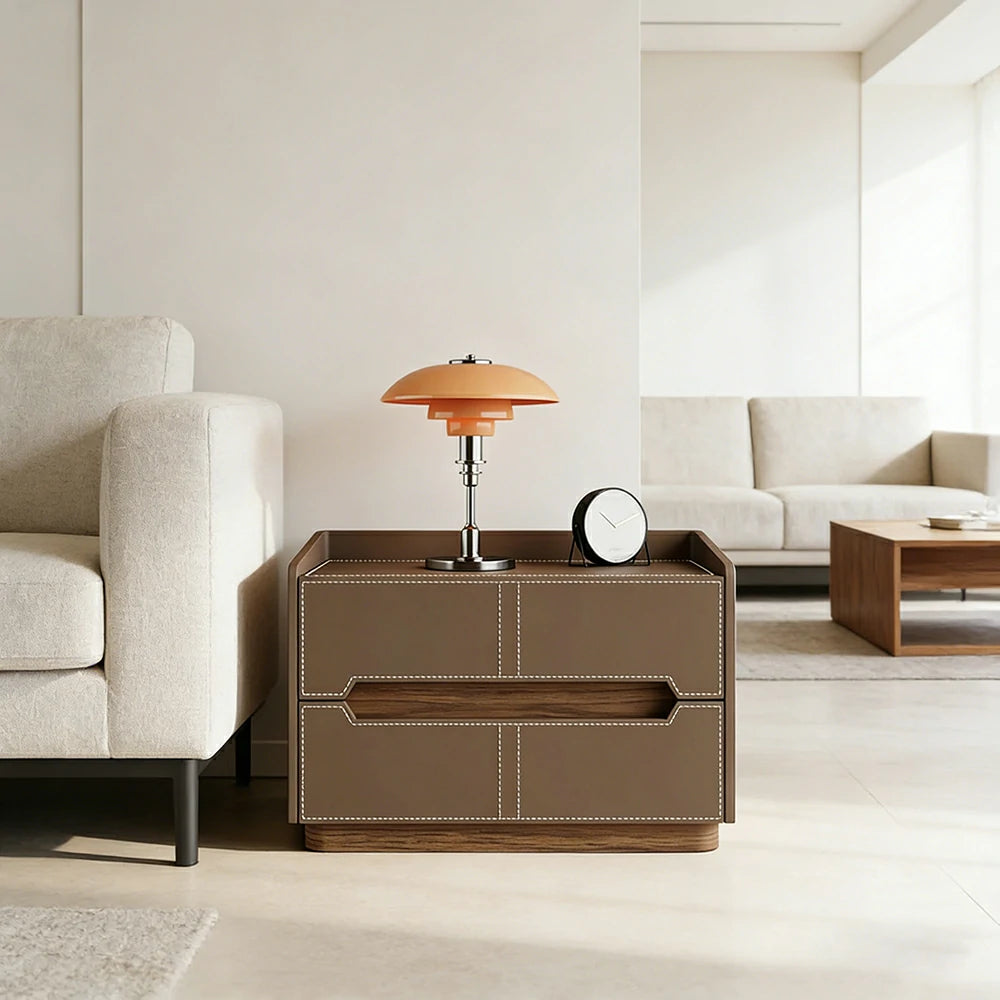 LIVARA Bedside Table - Drawer Storage, Saddle Leather Upholstery, Multi-Layer Pine Wood Structure, Modern Minimalist Nightstand - Coffee