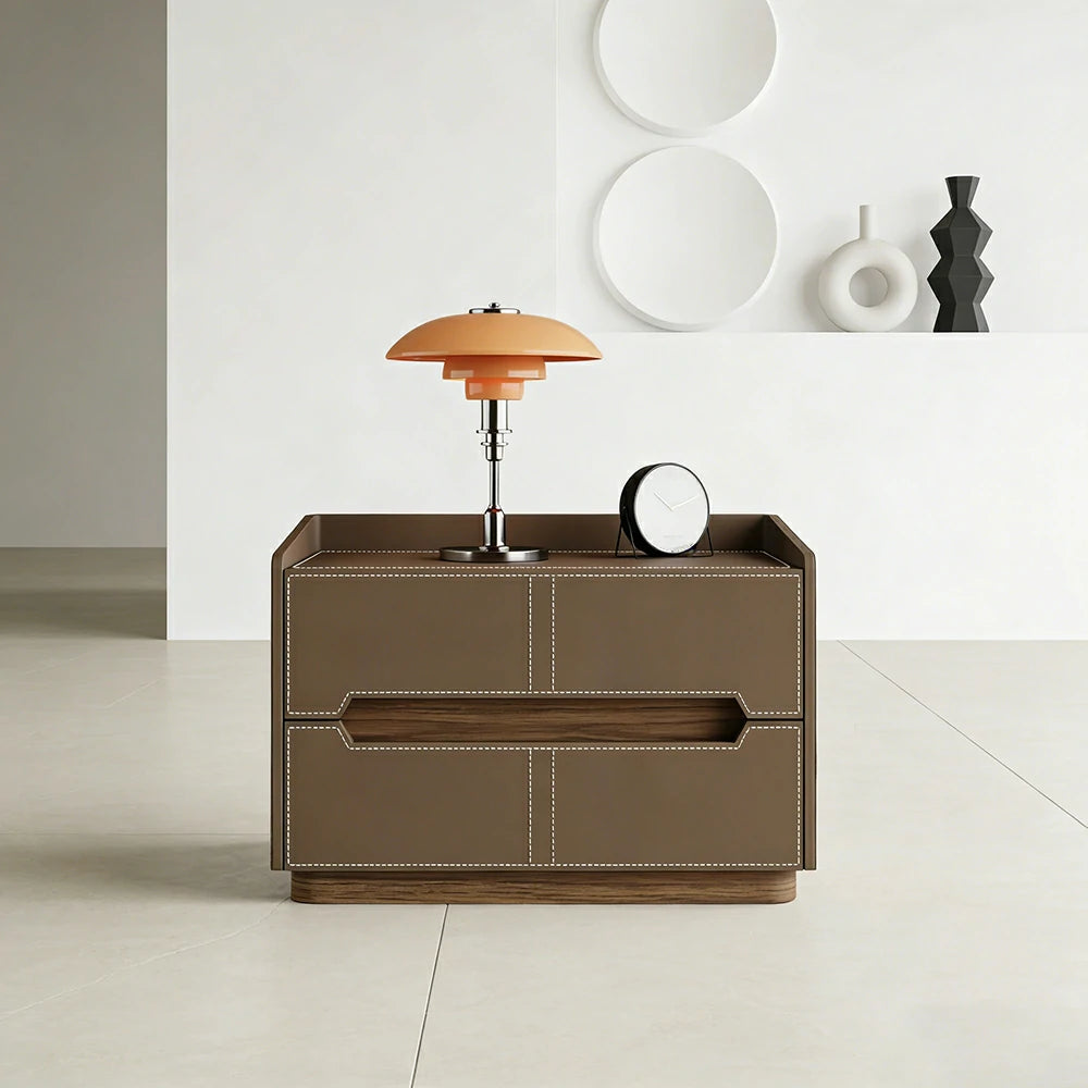LIVARA Bedside Table - Drawer Storage, Saddle Leather Upholstery, Multi-Layer Pine Wood Structure, Modern Minimalist Nightstand - Coffee
