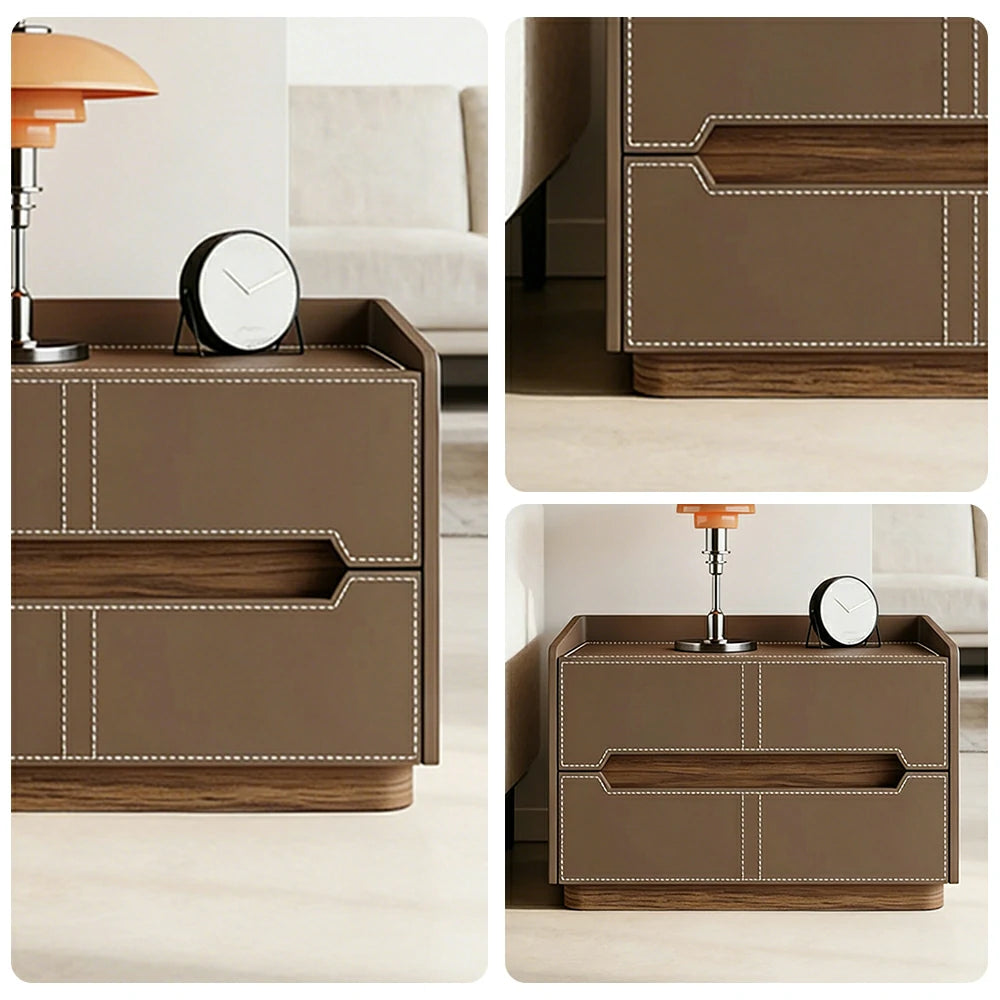 LIVARA Bedside Table - Drawer Storage, Saddle Leather Upholstery, Multi-Layer Pine Wood Structure, Modern Minimalist Nightstand - Coffee