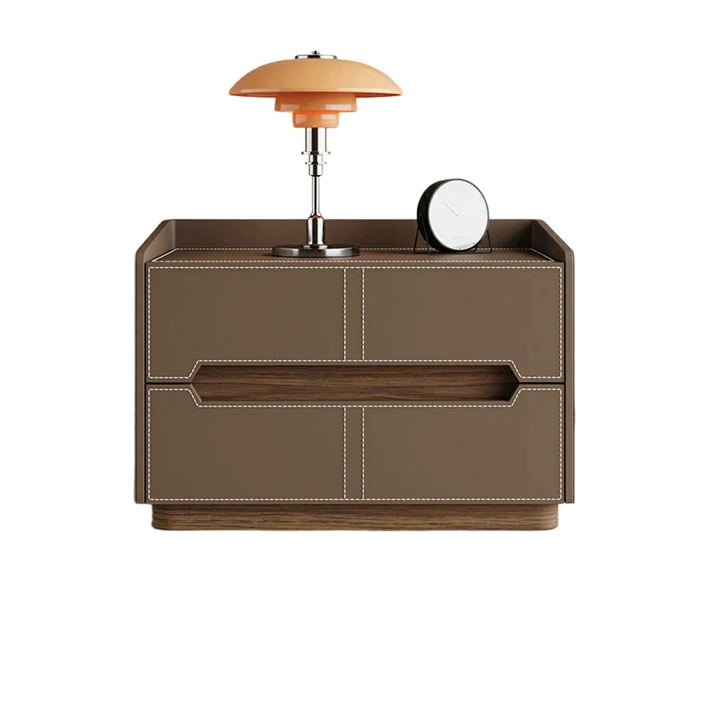 LIVARA Bedside Table - Drawer Storage, Saddle Leather Upholstery, Multi-Layer Pine Wood Structure, Modern Minimalist Nightstand - Coffee