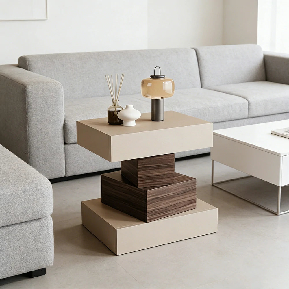 LIVARA Bedside Table - Four Drawer Storage, Leather Upholstery, 50cm Nightstand for Bedroom - Khaki & Walnut