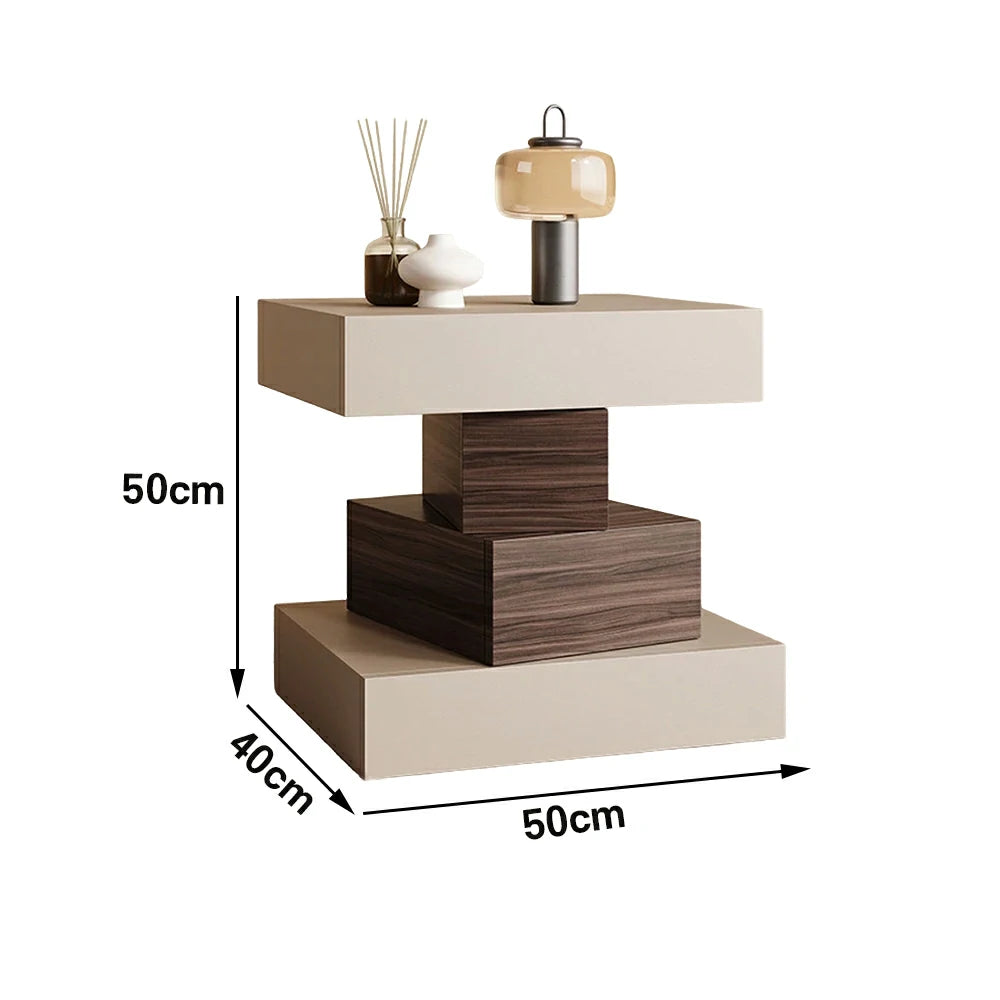 LIVARA Bedside Table - Four Drawer Storage, Leather Upholstery, 50cm Nightstand for Bedroom - Khaki & Walnut