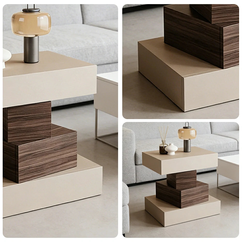 LIVARA Bedside Table - Four Drawer Storage, Leather Upholstery, 50cm Nightstand for Bedroom - Khaki & Walnut